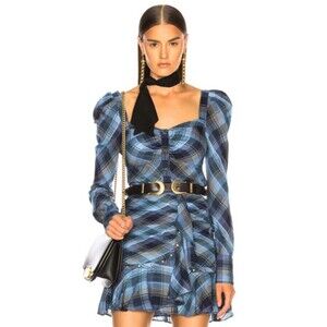 Veronica Beard Frankie Puff Sleeve Top Blue Plaid Size 4 Long Sleeve Blouse